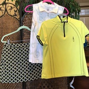 2 golf shirts, 1 golf skirt, shoes